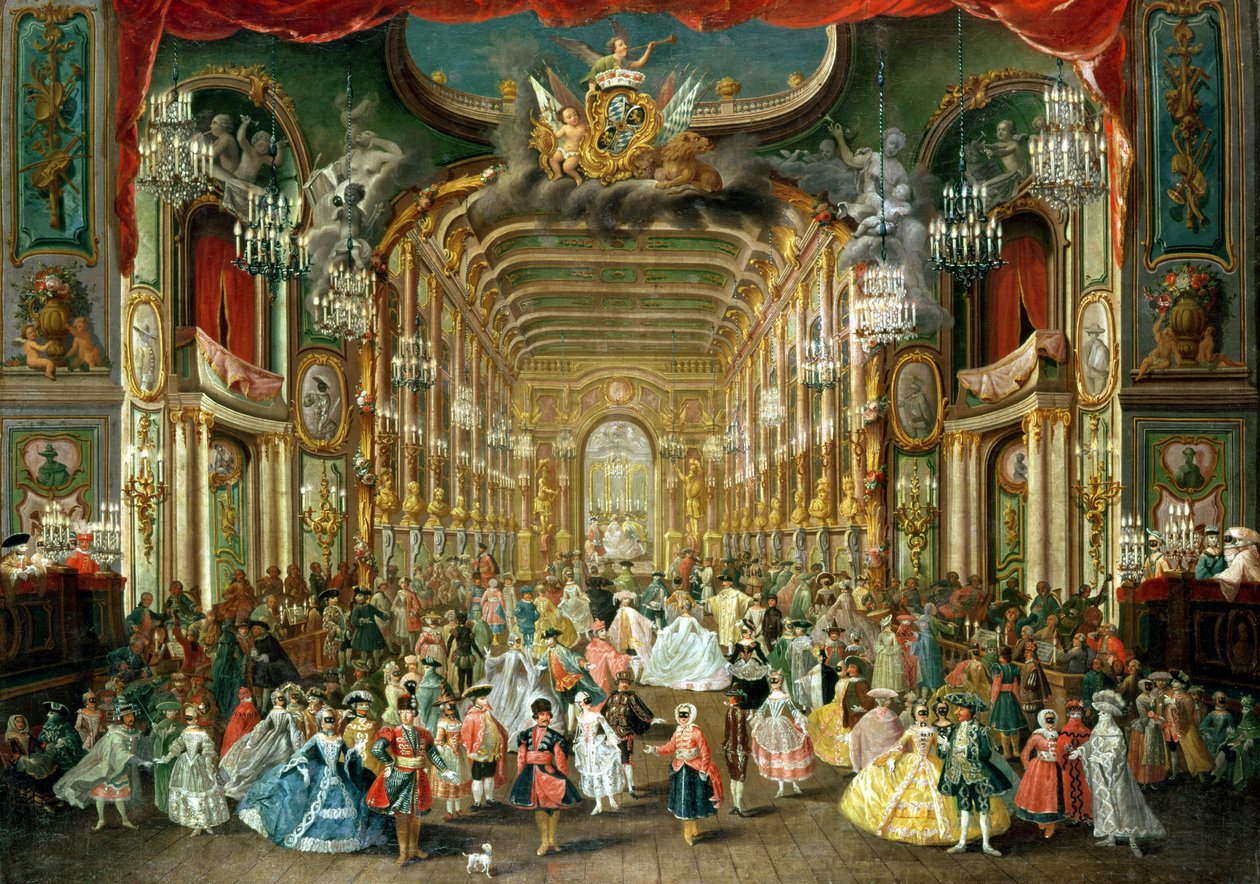 Naamioball Hoftheaterissa, Bonnissa, 1754 tekijältä Jakob Rousseau