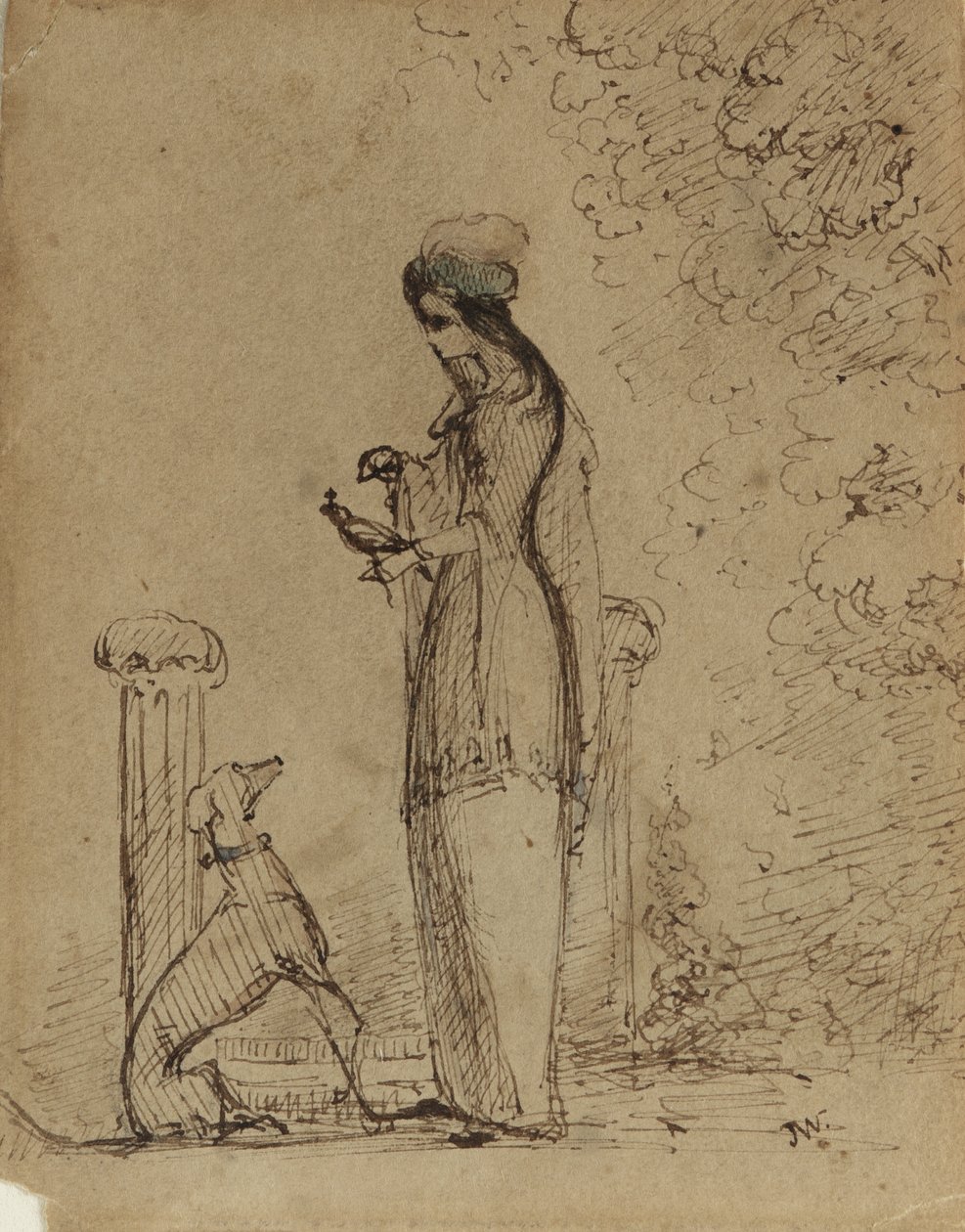 Nainen koiran ja linnun kanssa, n. 1850-51 (kynä ja muste vaaleanruskealle paperille) tekijältä James Abbott McNeill Whistler