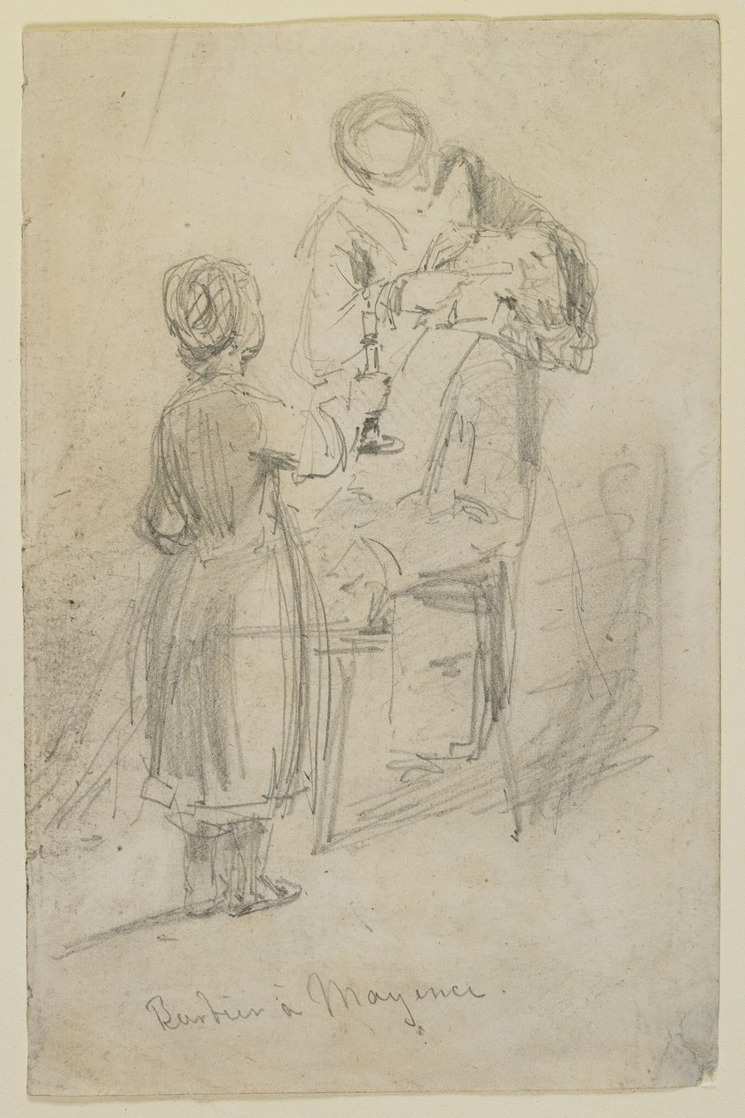 Parturi Mayencessa, 1858 (lyijykynä luonnonvalkoiselle kudottupaperille) tekijältä James Abbott McNeill Whistler