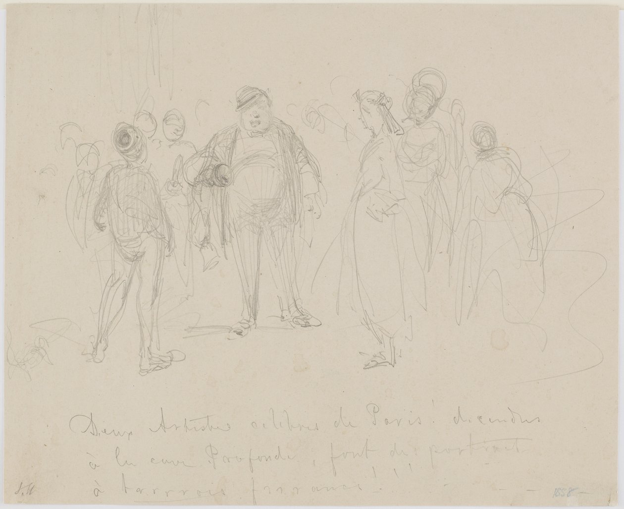 Kaksi kuuluisaa Pariisin taiteilijaa, 1858 (kynä beigelle paperille) tekijältä James Abbott McNeill Whistler
