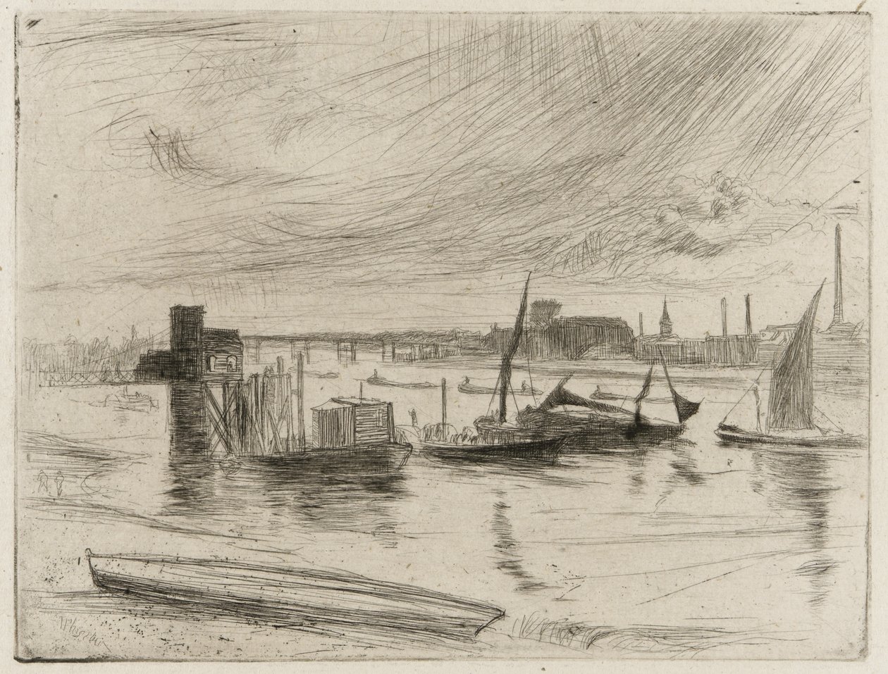 Early Morning, Battersea, 1861 (kuivakärki paperilla) tekijältä James Abbott McNeill Whistler