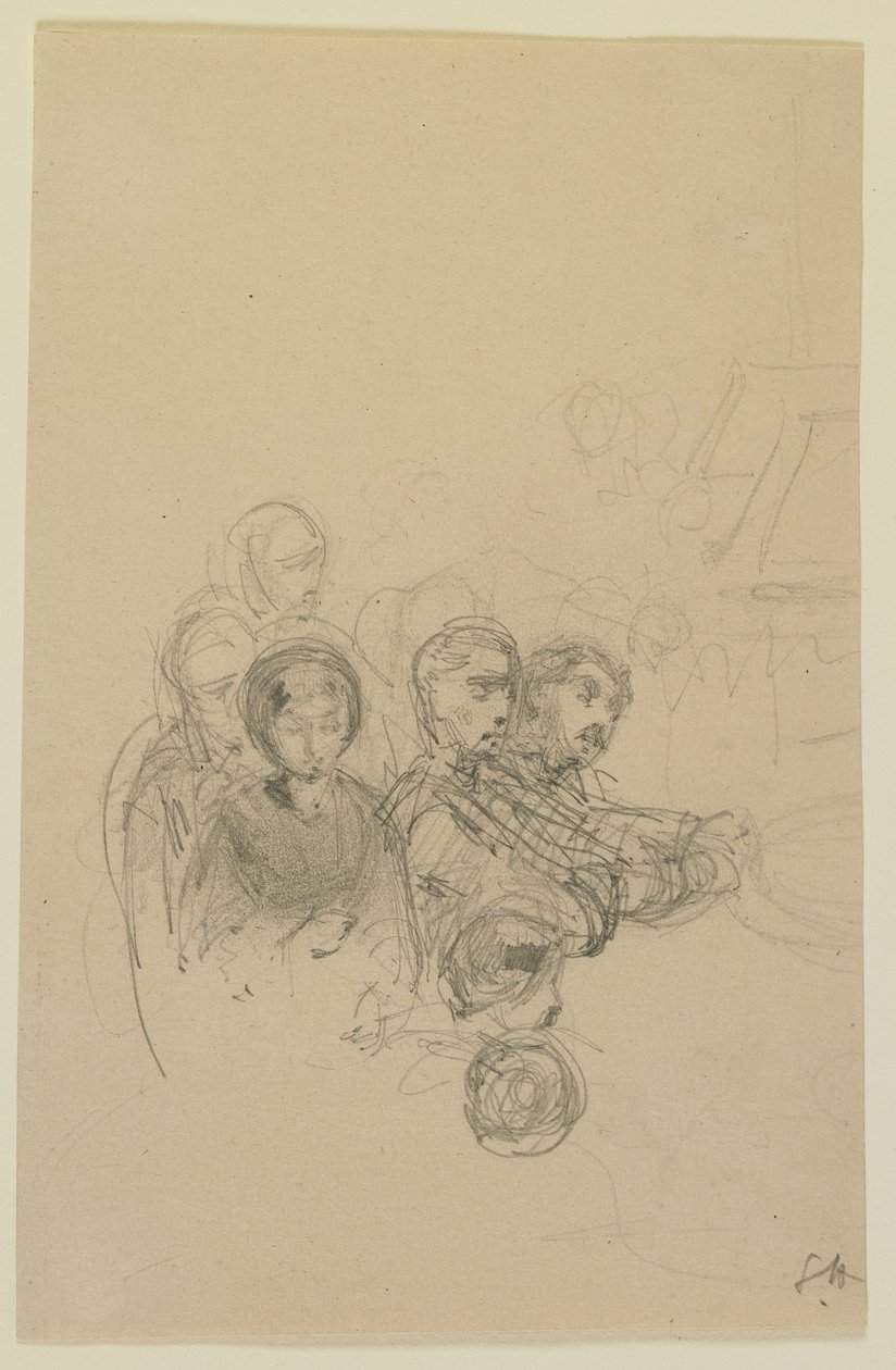 Matkustajien ryhmä, 1858 (kynä luonnonvalkoisella kudottupaperilla) tekijältä James Abbott McNeill Whistler