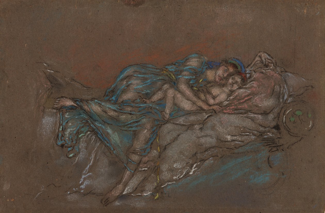 Äiti ja lapsi - Helmi, 189092 (liitu ja pastelli harmaalla paperilla) tekijältä James Abbott McNeill Whistler