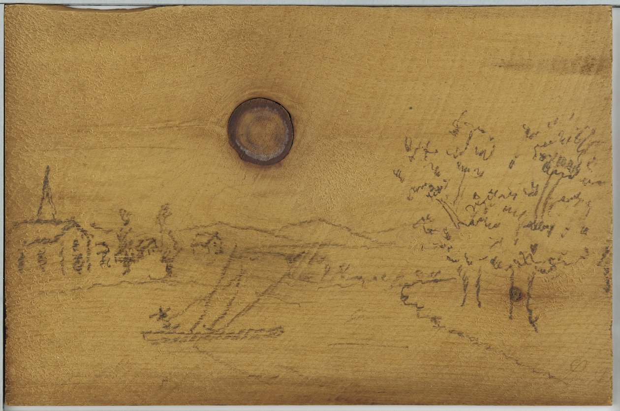 Jokimaisema (kynä puulaudalla) tekijältä James Abbott McNeill Whistler