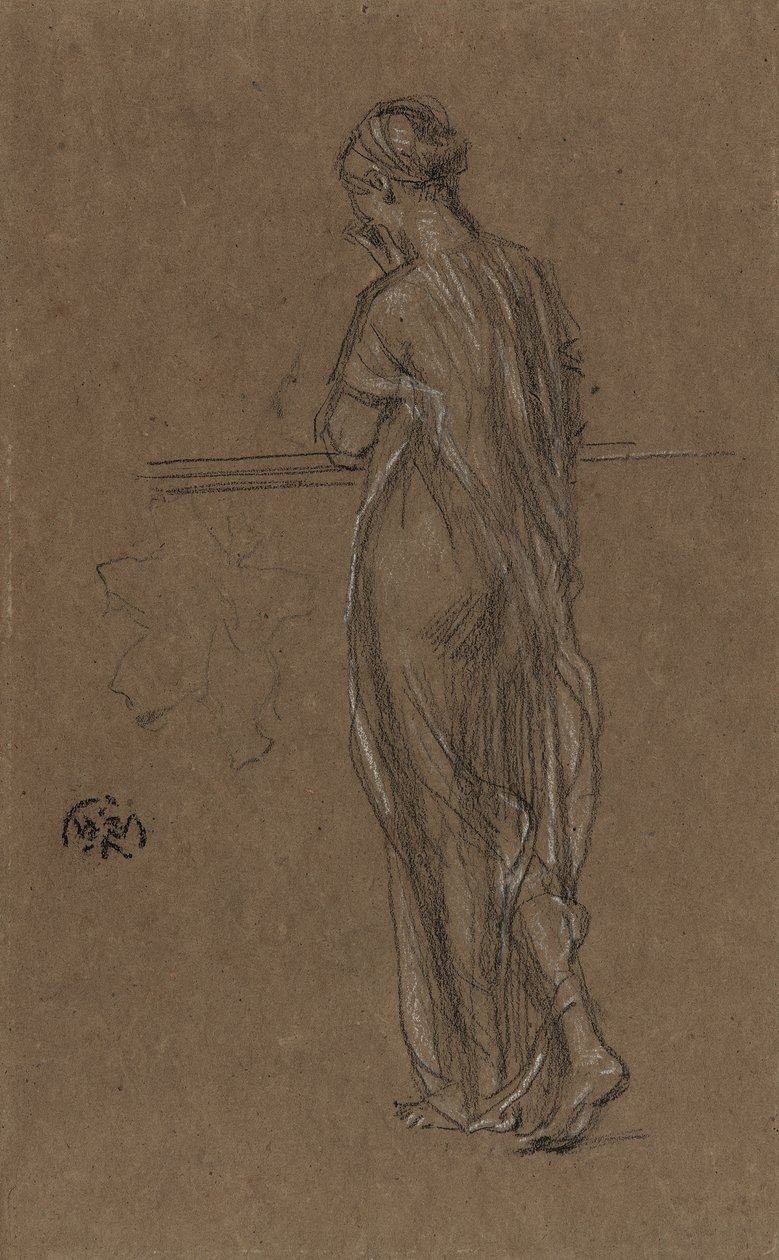 Pysyvä piirretty figuuri, n. 1868 (musta ja valkoinen liitu ruskealla paperilla) tekijältä James Abbott McNeill Whistler