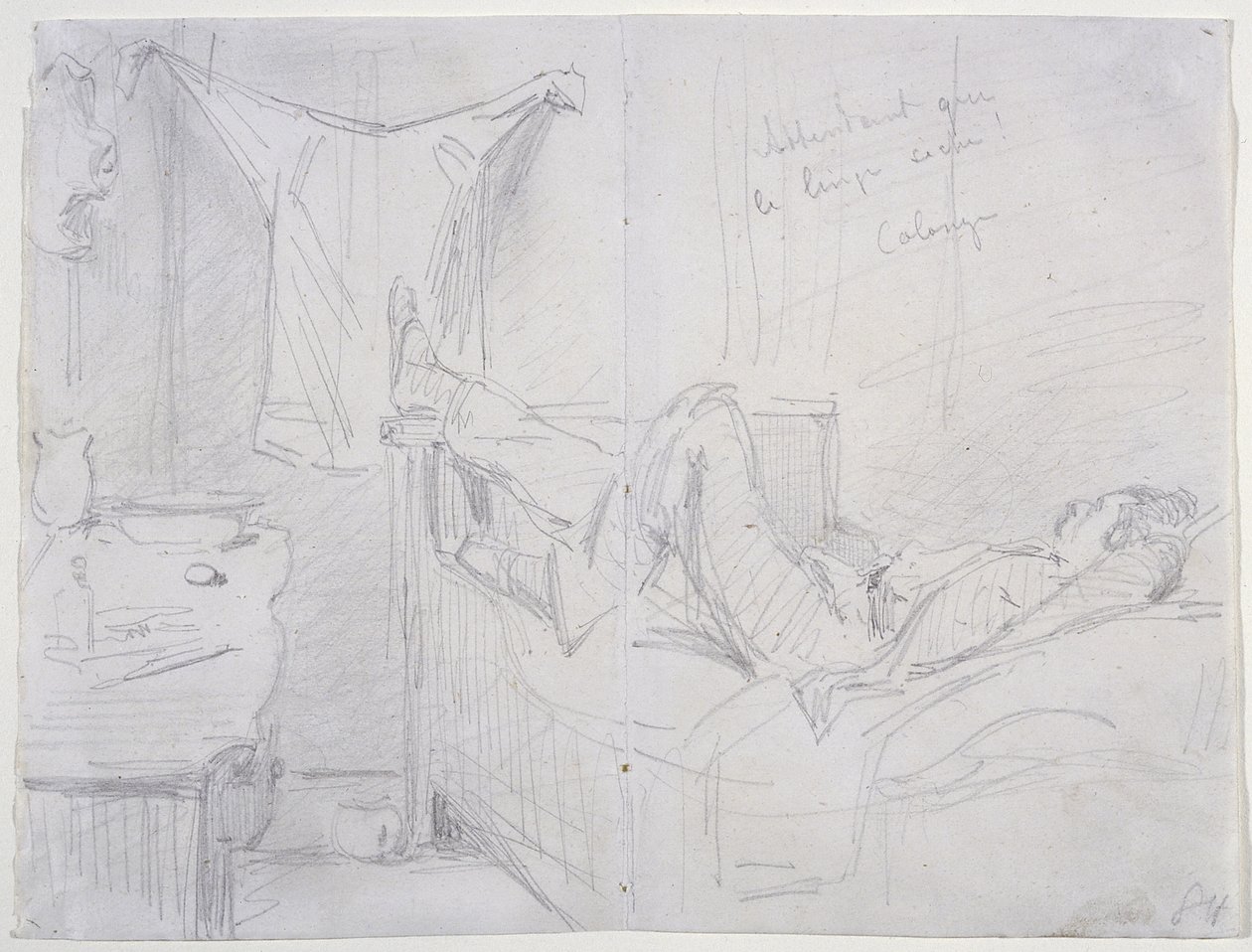 Odotetaan vaatteiden kuivumista, Köln, 1858 (kynä luonnonvalkoisella kudottupaperilla) tekijältä James Abbott McNeill Whistler