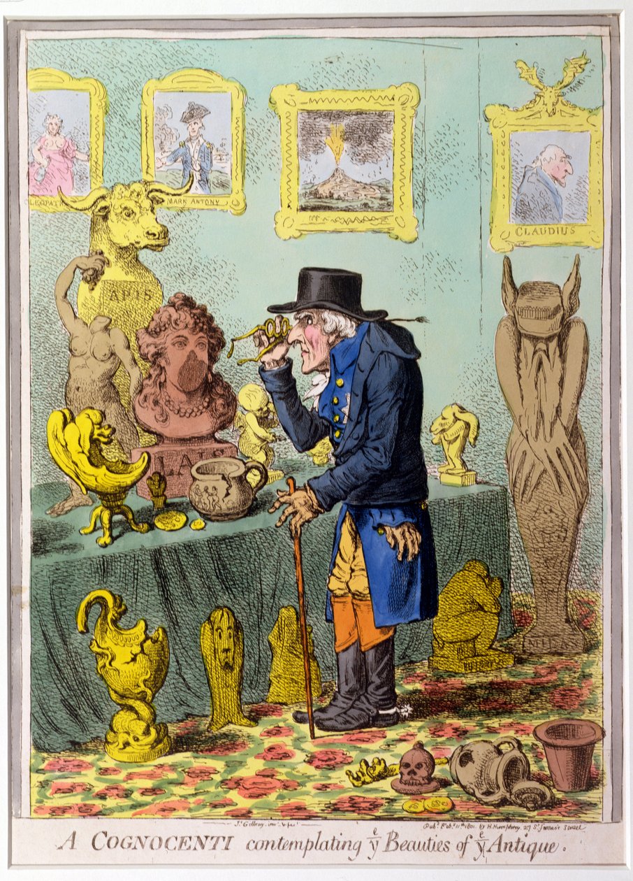 A Cognocenti Contemplating Ye Beauties of Ye Antique, Hannah Humphreyn julkaisema 1801 (käsin väritetty etsaus). tekijältä James Gillray