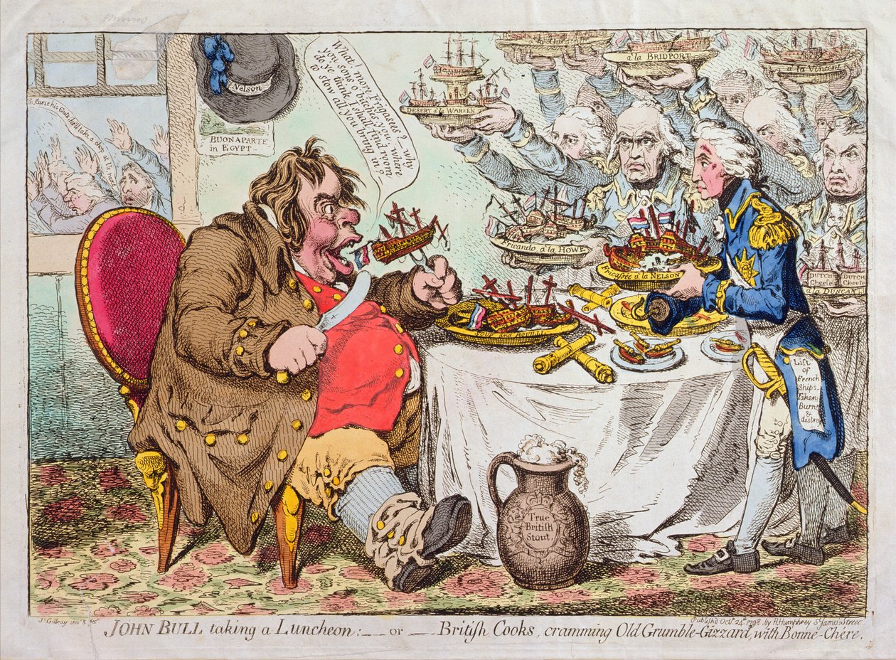 John Bull Taking a Luncheon, tai Brittiläiset kokit, jotka ahtaavat vanhaa Grumble-Gizzardia Bonne-Chereen, Hannah Humphreyn julkaisema 1798 (käsin väritetty etsaus). tekijältä James Gillray