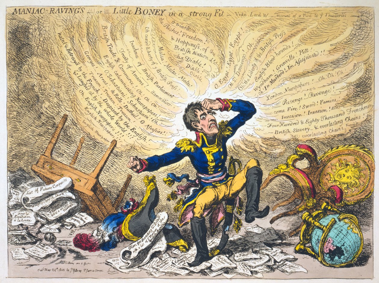 Maniac Ravings, or Little Boney in a Strong Fit, julkaisu 1803 (käsin väritetty kaiverrus). tekijältä James Gillray