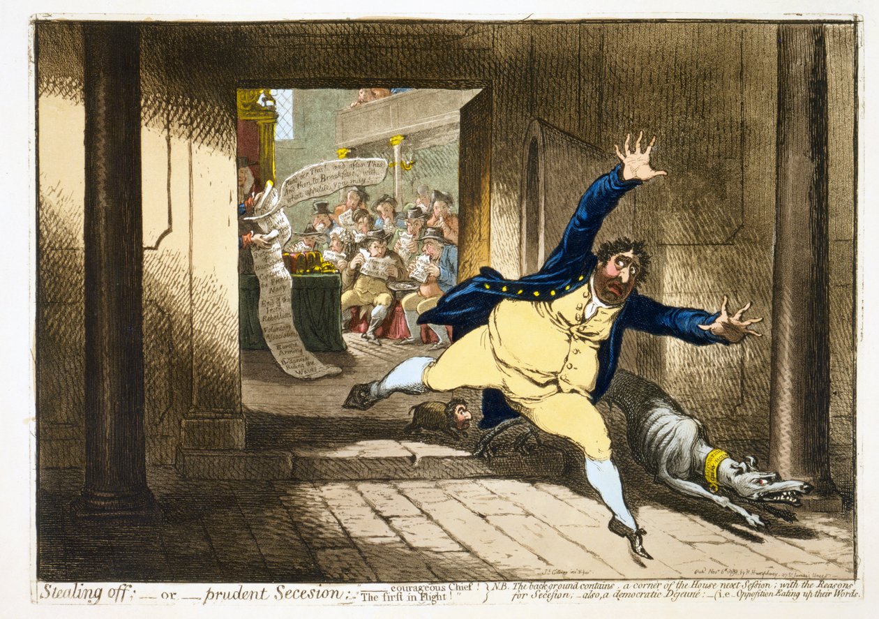Varastaminen; - tai - varovainen Secession, pub. 1798 (käsinvärinen kaiverrus) tekijältä James Gillray