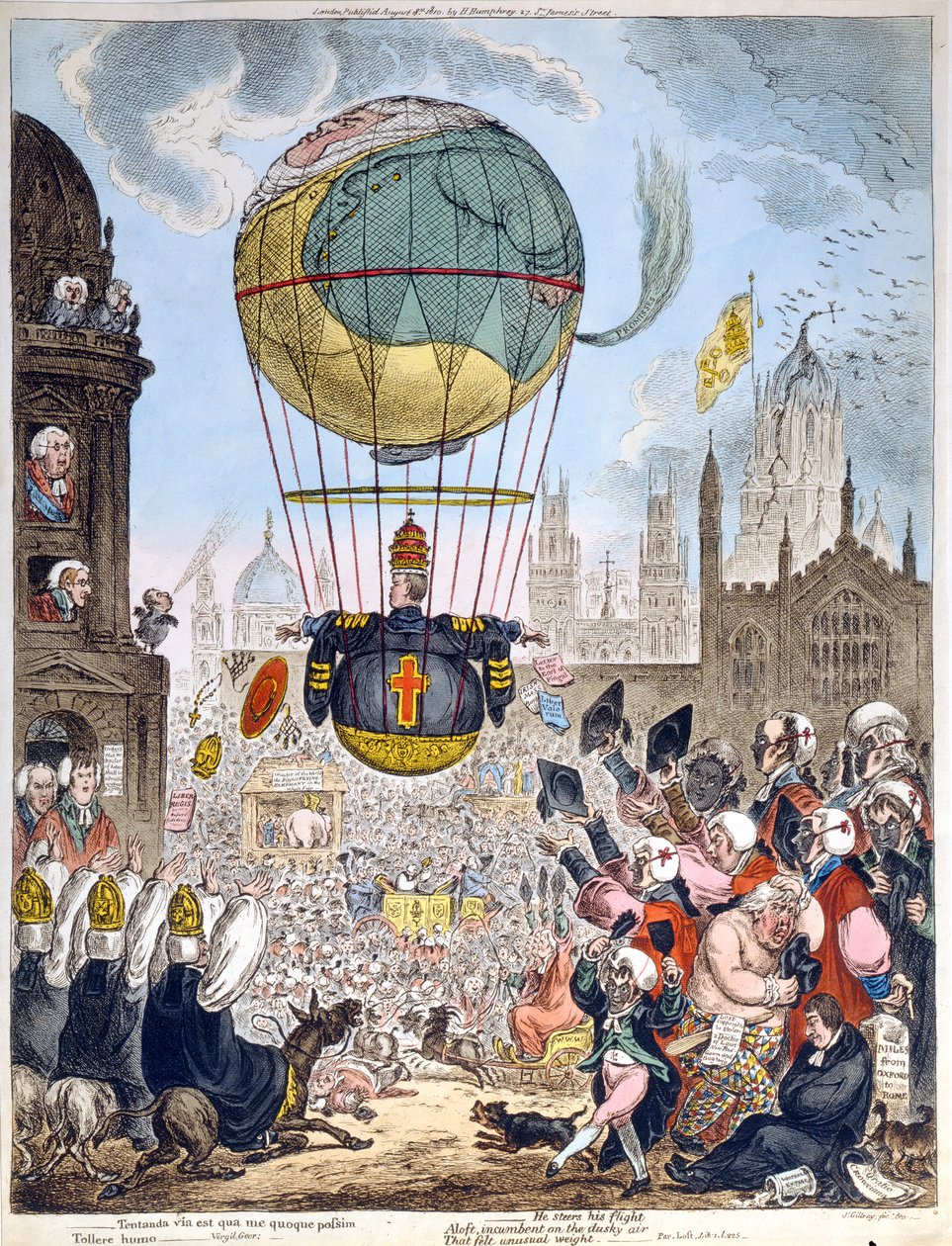 Tentanda via est qua me quoque possim Tollere humo, Hannah Humphreyn julkaisema 1810 (etsaus, kaiverrus, akvatintta ja wc paperille). tekijältä James Gillray