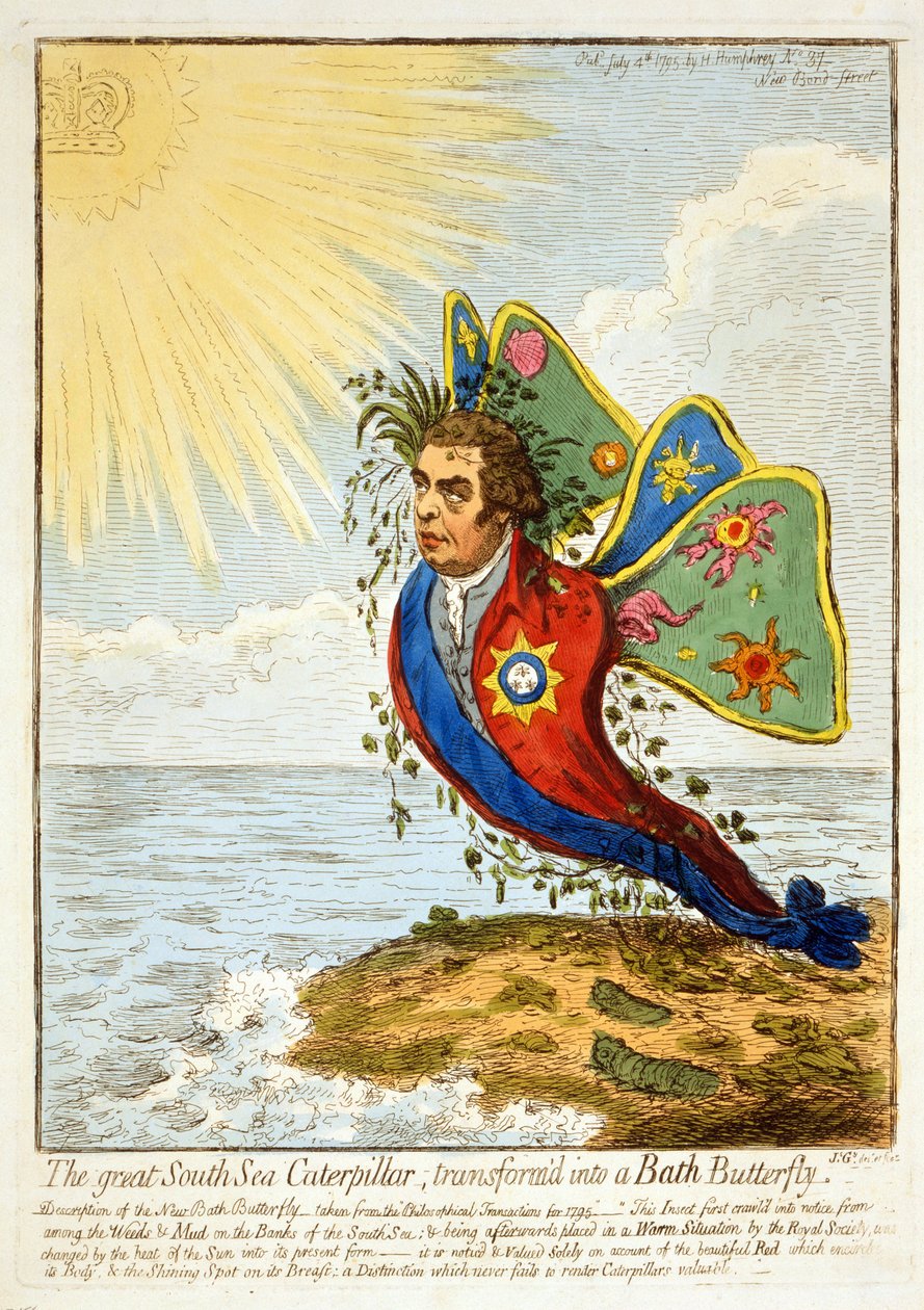 Suuri Etelämeren toukka, muutettu kylpyperhoseksi, 1795 (käsinvärinen kaiverrus) tekijältä James Gillray