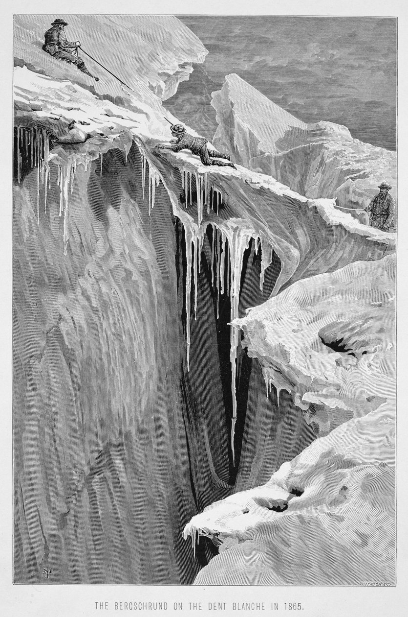 Bergschrund on the Dent Blanche vuonna 1865, Edward Whymperin (1840-1911) kaivertamasta "Matterhornin noususta", julkaistu 1860-80-luvulla tekijältä James Mahoney