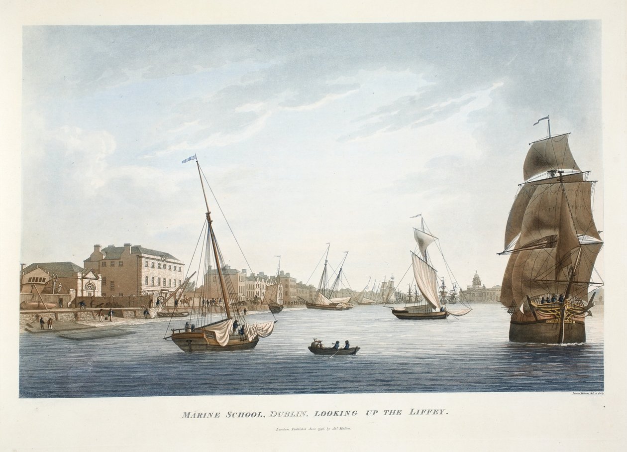 Marine School, Dublin, etsii Liffeytä, 1796 (käsinvärinen kaiverrus) tekijältä James Malton