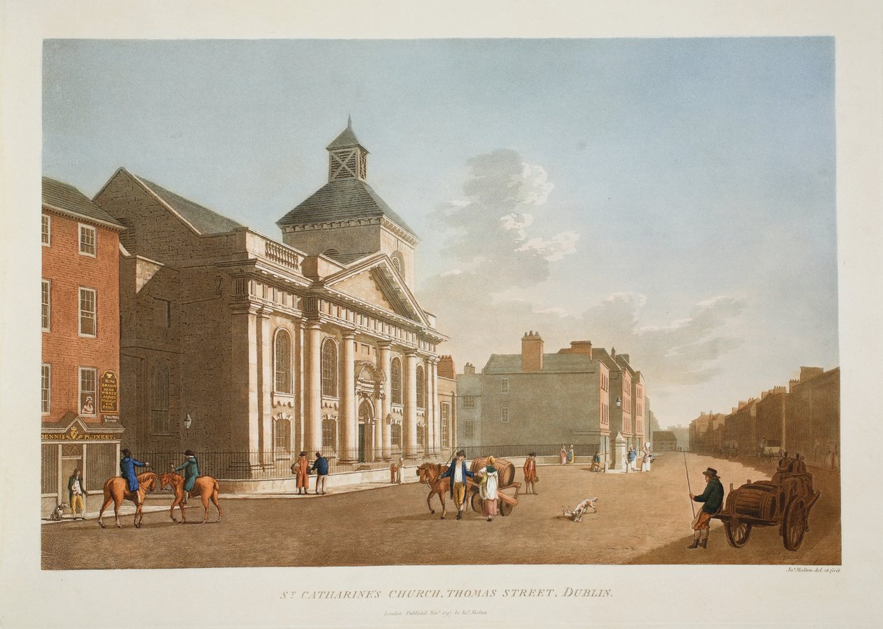 Pyhän Katariinan kirkko, Thomas Street, Dublin, 1797 (käsin väritetty kaiverrus). tekijältä James Malton