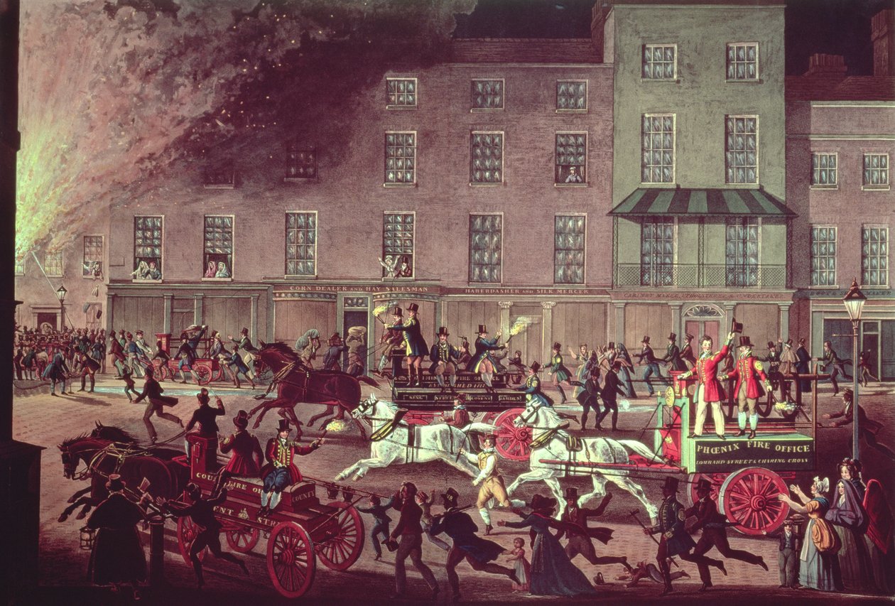 London Fire Engines, kaiverrettu R.G. Reeve, julkaissut Thomas McLean, noin 1830. tekijältä James Pollard