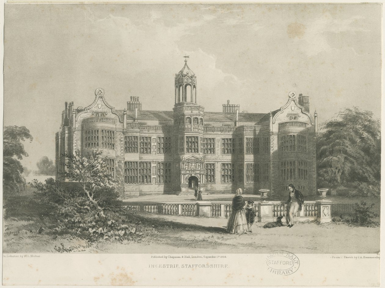 Ingestre Hall: litografia, nd [c 1844] tekijältä James Astbury Hammersley