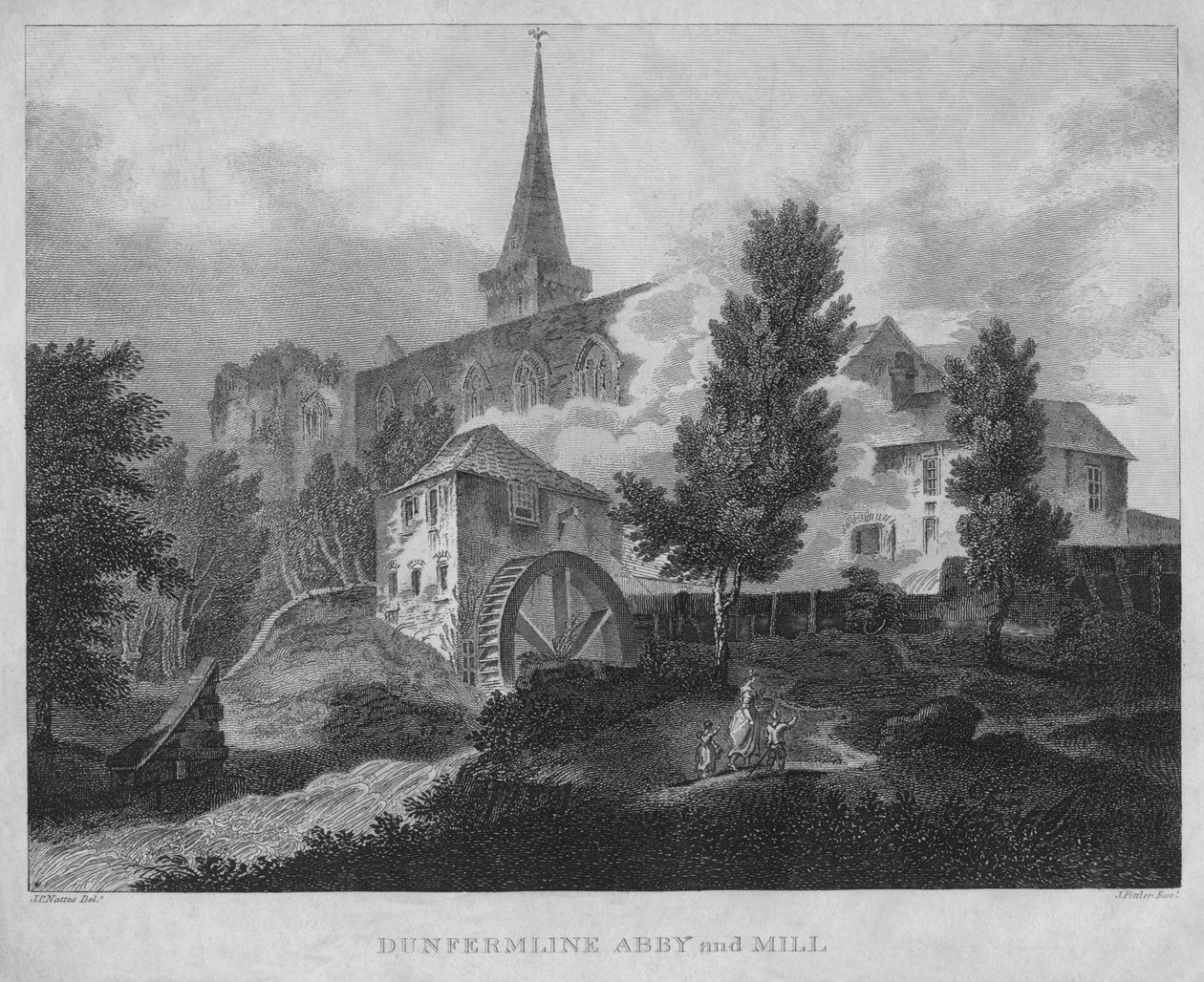 Dunfermline Abby ja Mill, 1804 tekijältä James Fittler