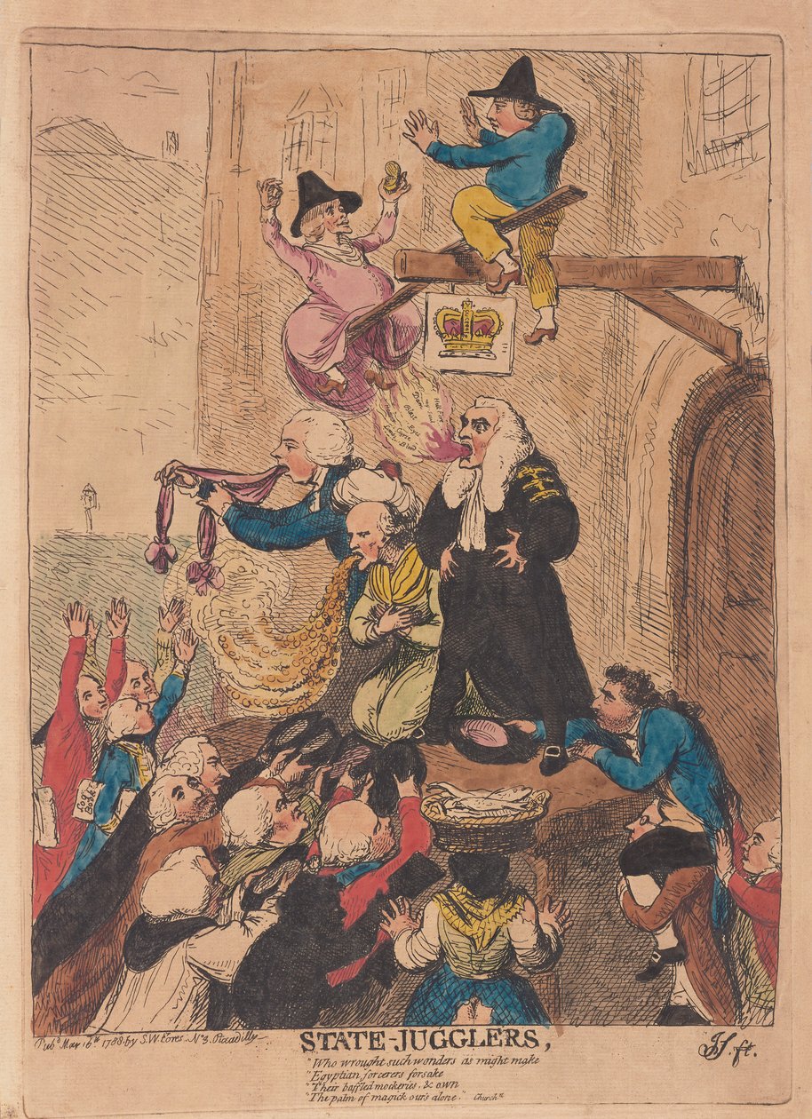 State Jugglers, pub. 1788 (käsin väritetty kaiverrus) tekijältä James Gillray