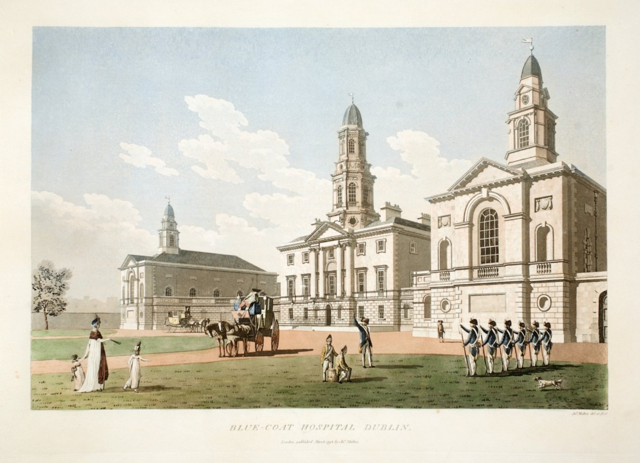 Blue-coat Hospital, Dublin, 1798 (käsin väritetty kaiverrus). tekijältä James Malton