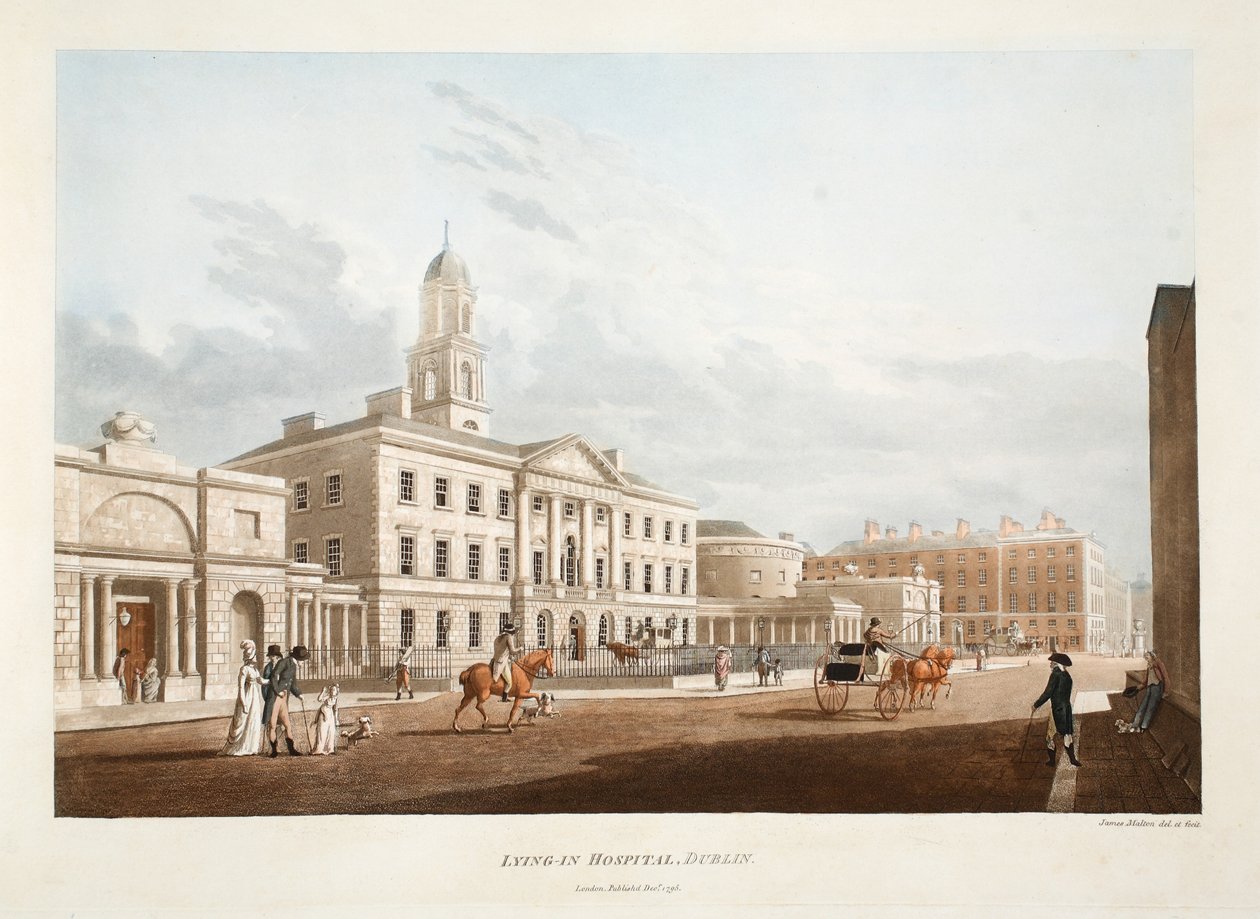 Makuusairaala, Dublin, 1795 (käsinvärinen kaiverrus) tekijältä James Malton