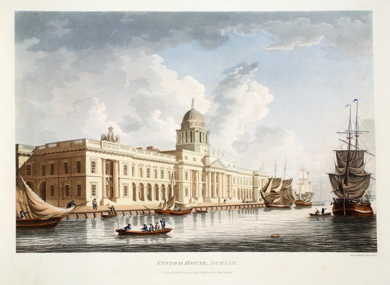 Dublinin tullitalo, 1792 (käsin väritetty kaiverrus). tekijältä James Malton