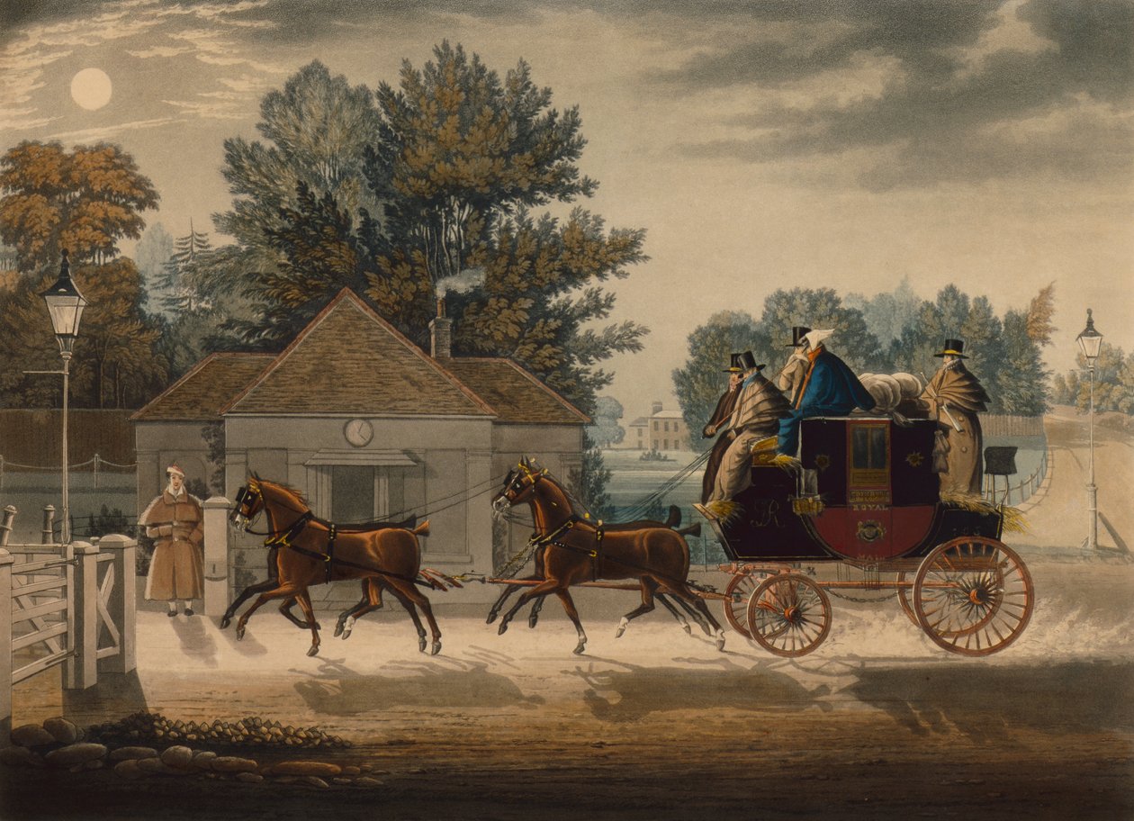 Mail Coach by Moonlight (värillinen kaiverrus) tekijältä James Pollard