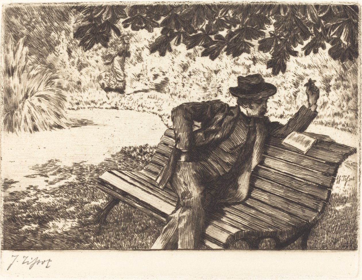 Denoisel Reading in the Garden, 1882. tekijältä James Tissot