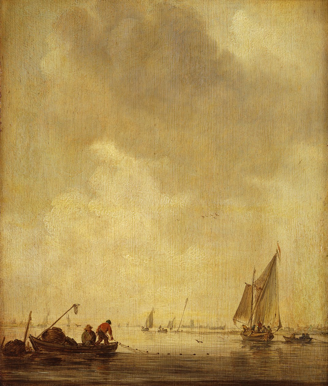 Jokikohtaus, jossa kalastajat laskevat verkkoa, 1638 (öljy tammen päälle) tekijältä Jan Josephsz van Goyen