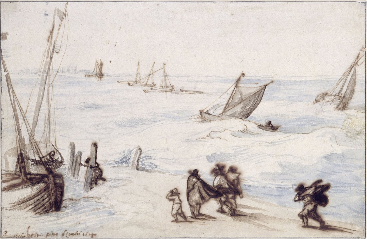 Ranta purjeveneillä ja myrskyisellä merellä tekijältä Jan the Elder Brueghel