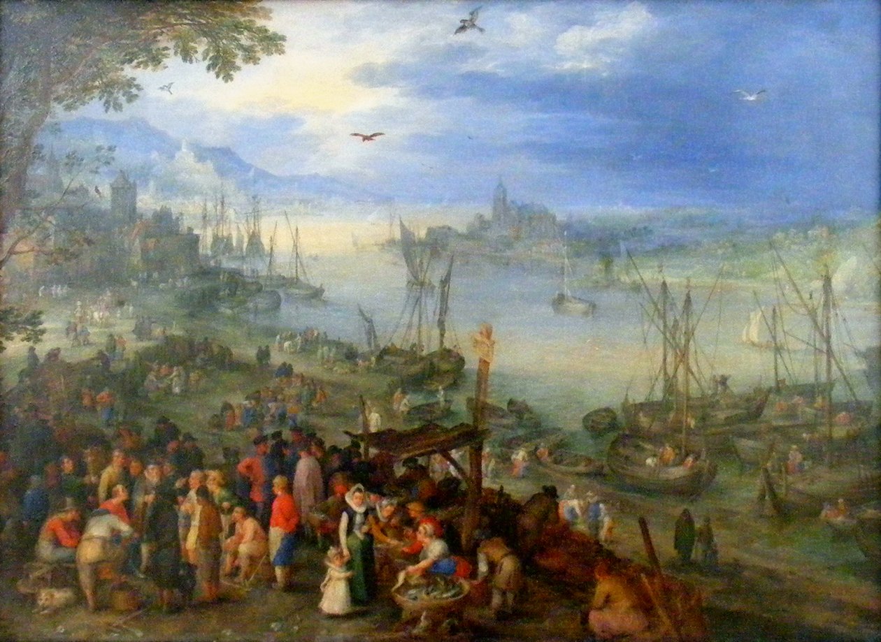 Fischmarkt am Ufer eines Flusses tekijältä Jan the Elder Brueghel