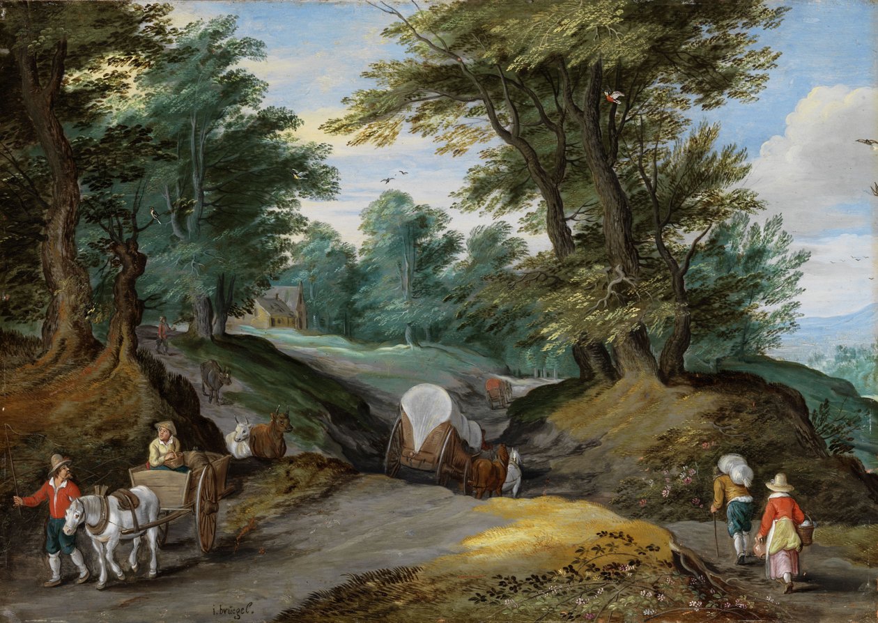 Metsäinen maisema hevoskärryillä ja markkinoille houkuttelemaan maanviljelijöitä tekijältä Jan Brueghel the Younger