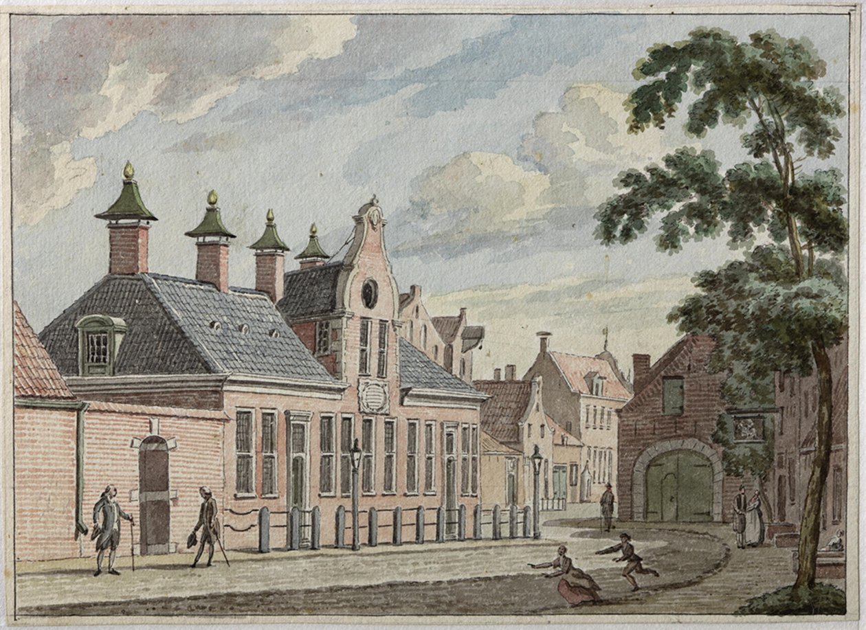 De Munnekeholm tapasi op de voorgrond het Aduardergasthuis en op de achtergrond het West-Indisch Huis tekijältä Jan Bulthuis