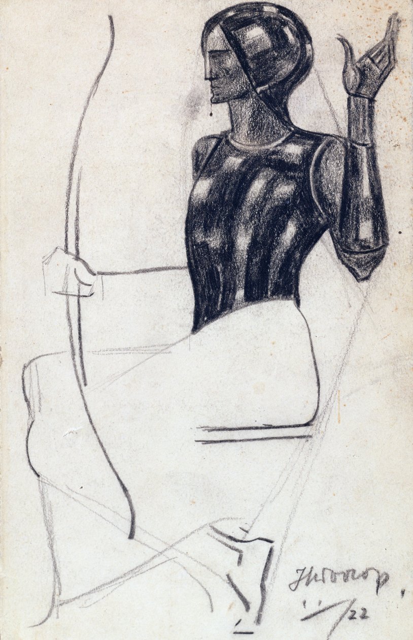 Istuva naisjousiampuja, 1922 (liitu paperille) tekijältä Jan Toorop