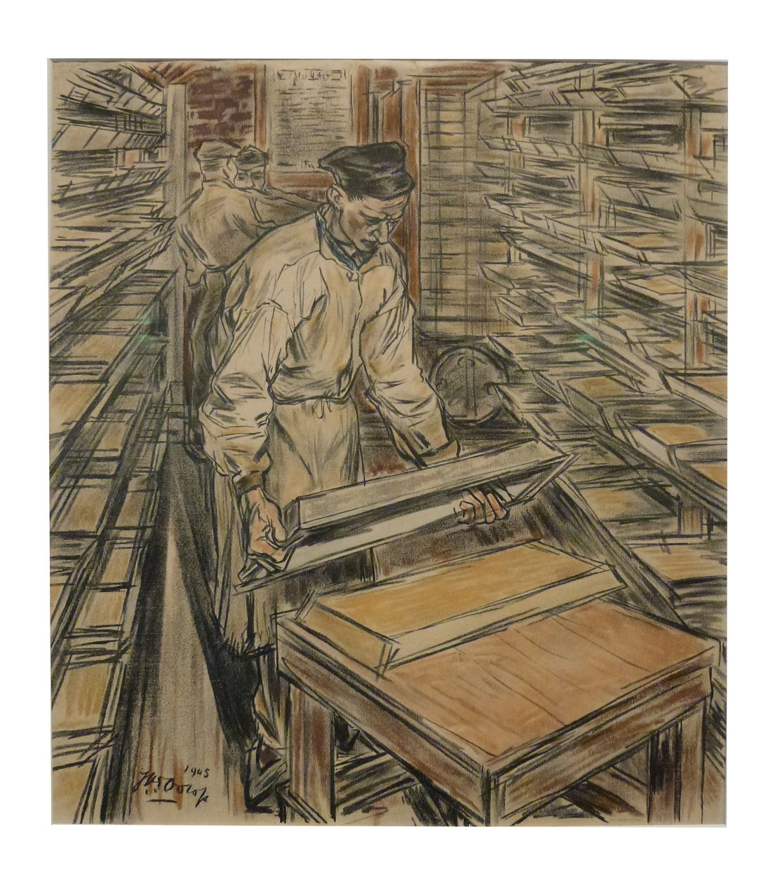Koekenkamer 1 van de 12 lithos die Toorop maakte over de fabricage van kaarsenn tekijältä Jan Toorop