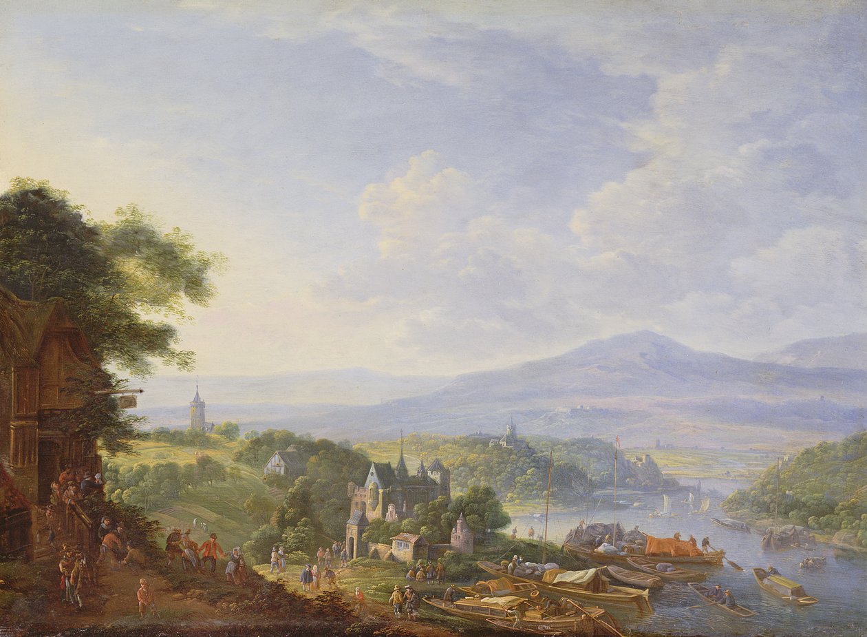 Näkymä Reinin varrella Kölnin lähellä, noin 1700-10 (öljy kuparille). tekijältä Jan the Elder Griffier