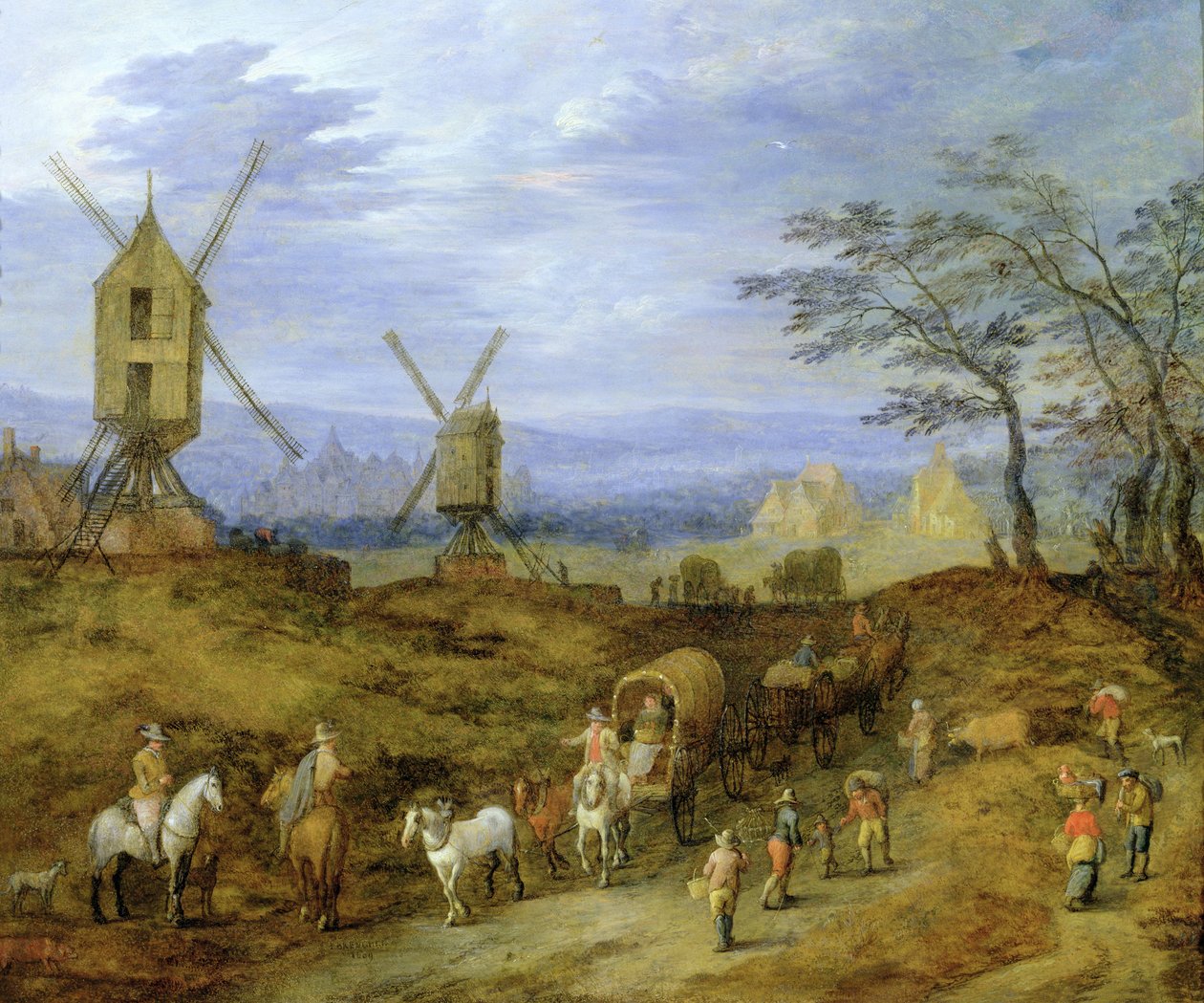 Maisema, jossa on matkailijoita lähellä tuulimyllyjä tekijältä Jan Brueghel the Younger