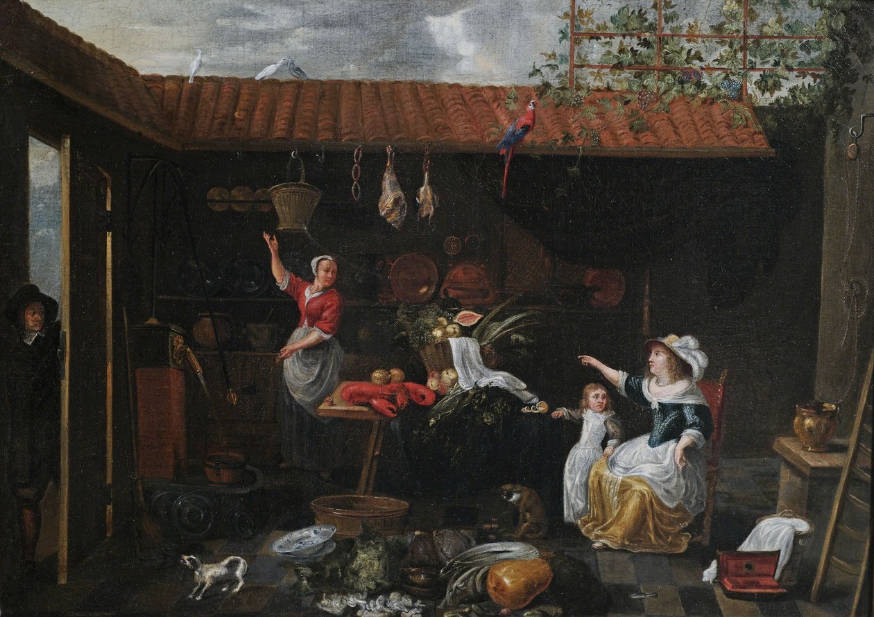 Innenansicht eines Hofes mit Küchenvorräten, Utensilien, Magd und Hausherrin tekijältä Jan van Buken