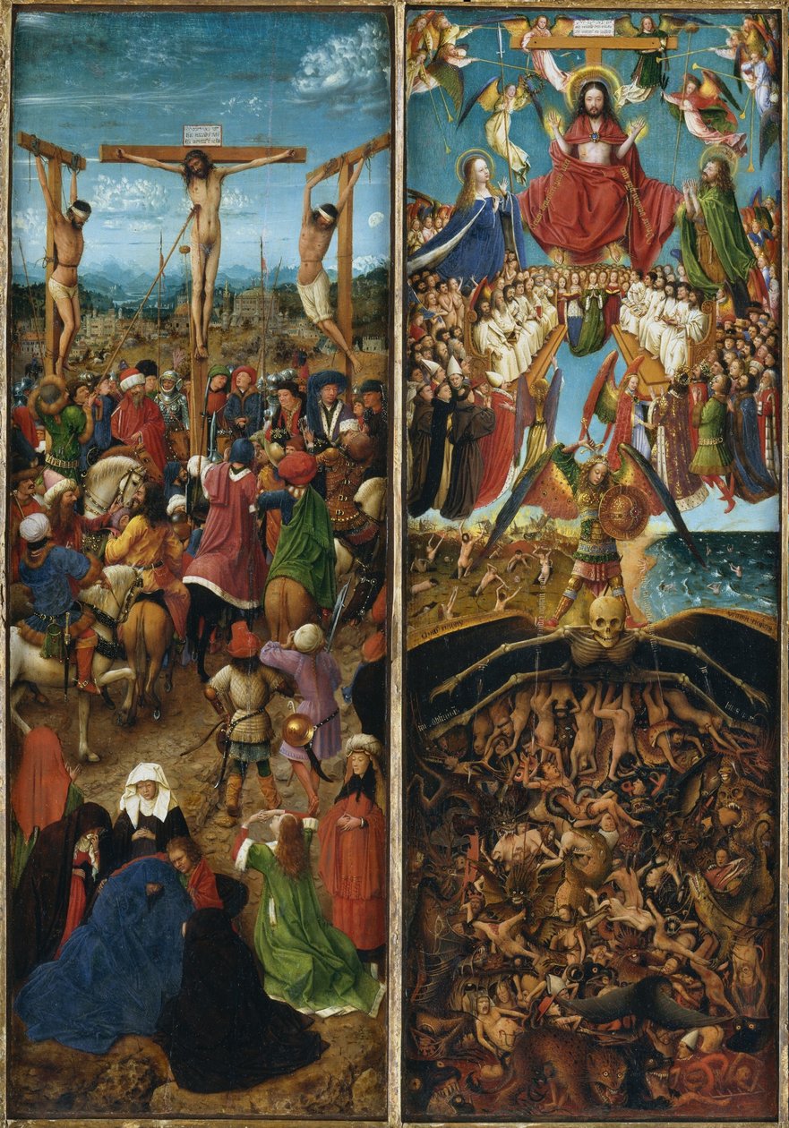 Ristiinnaulitseminen; Viimeinen tuomio, osa triptykonia tekijältä Jan van Eyck