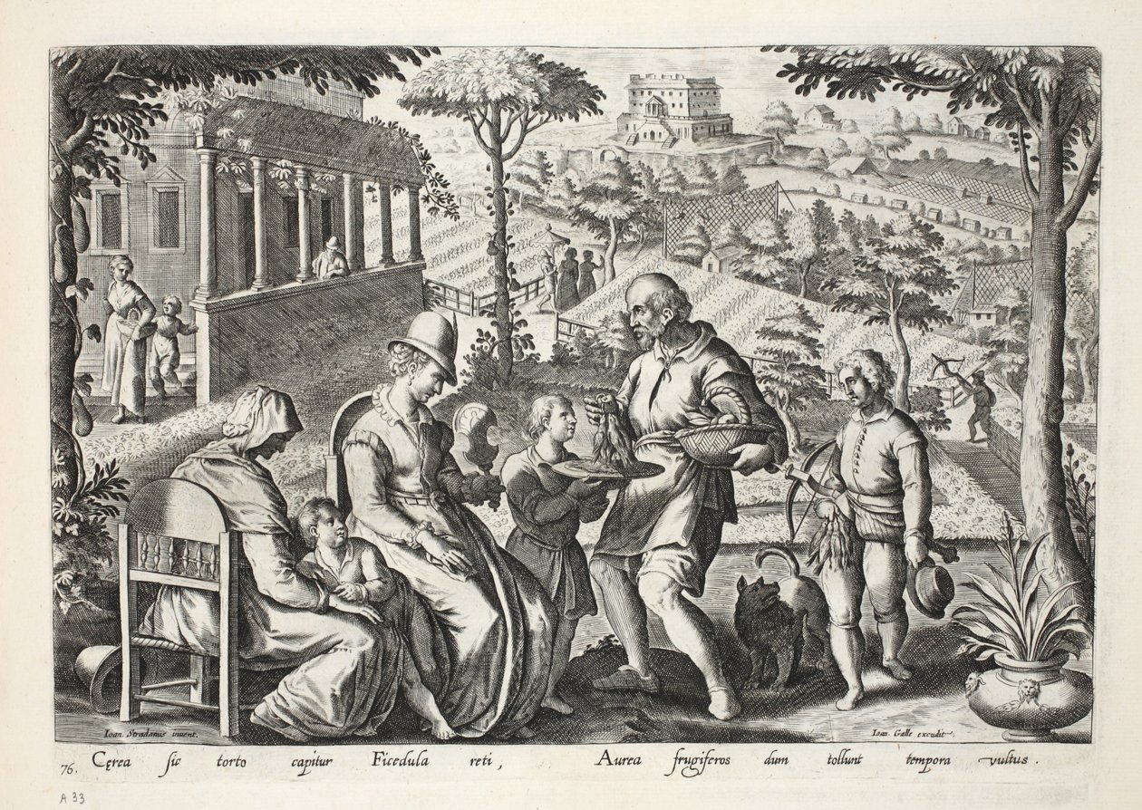 Kuolleita lintuja myyvät linnunsieppaajat, levy 76, kuvitus teoksesta "Venationes, Ferarum, Avium, Piscium" (Metsästys: Wild Beasts, Birds, Fish), kaiverrus Jan Collaert (1566-1628), pub. Kirjailija: Phillipus Galla tekijältä Jan van der Straet