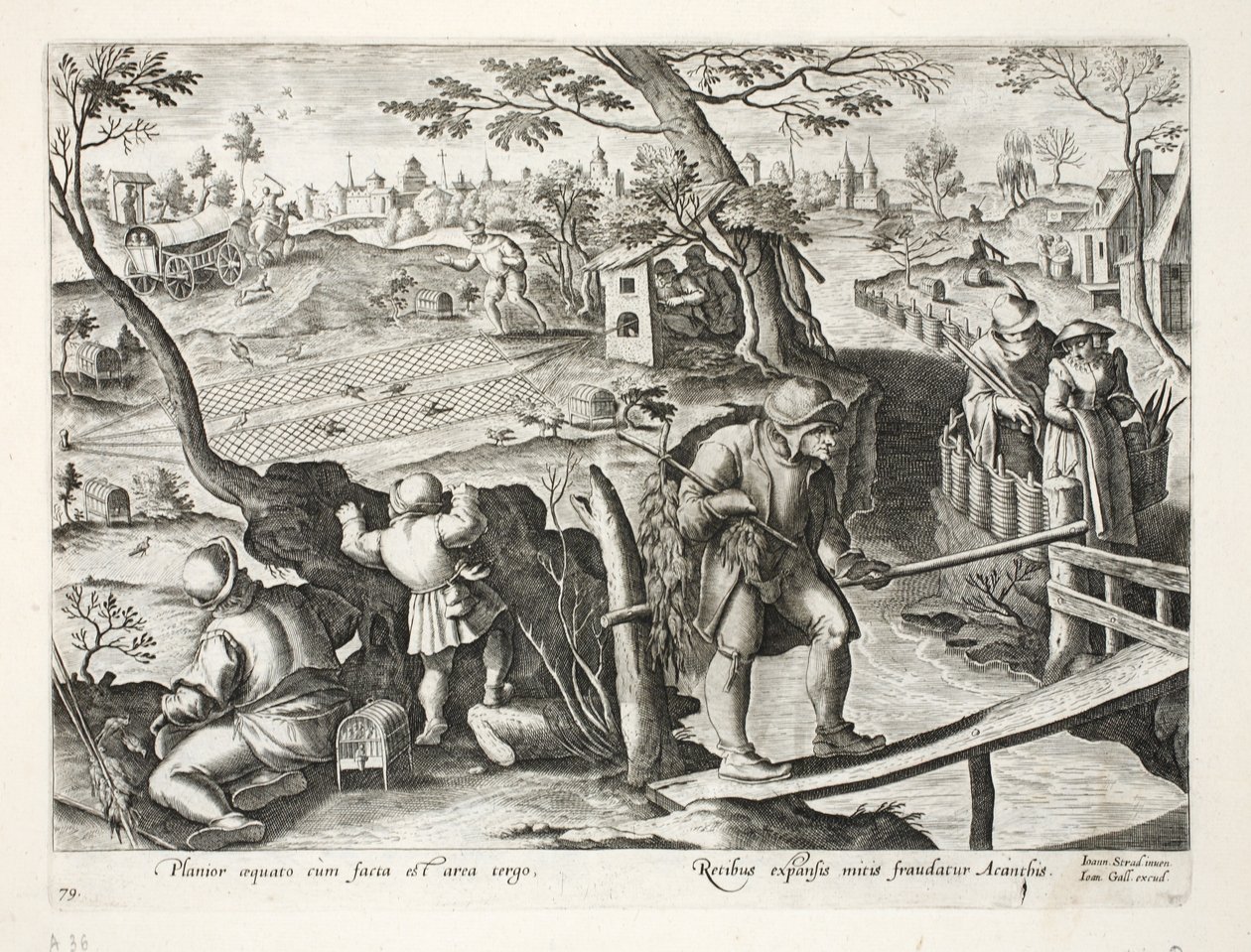 Lintupyytäjät pyydystämässä kottaraisia, kuva teoksesta "Venationes, Ferarum, Avium, Piscium" (Metsästyksestä: villieläimet, linnut, kalat), kaiverrettu Jan Collaertin (1566-1628) toimesta, julkaisija Phillipus Gallaeus, Amste. tekijältä Jan van der Straet