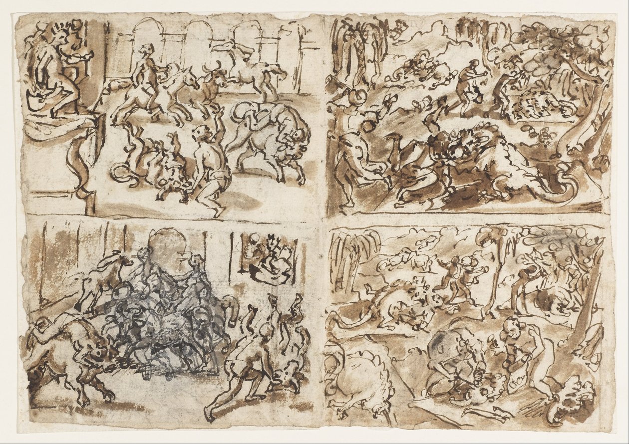 Recto Title- Sivu luonnoskirjasta, joka näyttää neljä kohtausta- mukaan lukien Thessalians Fighting Bulls, ylempi ... tekijältä Jan van der Straet