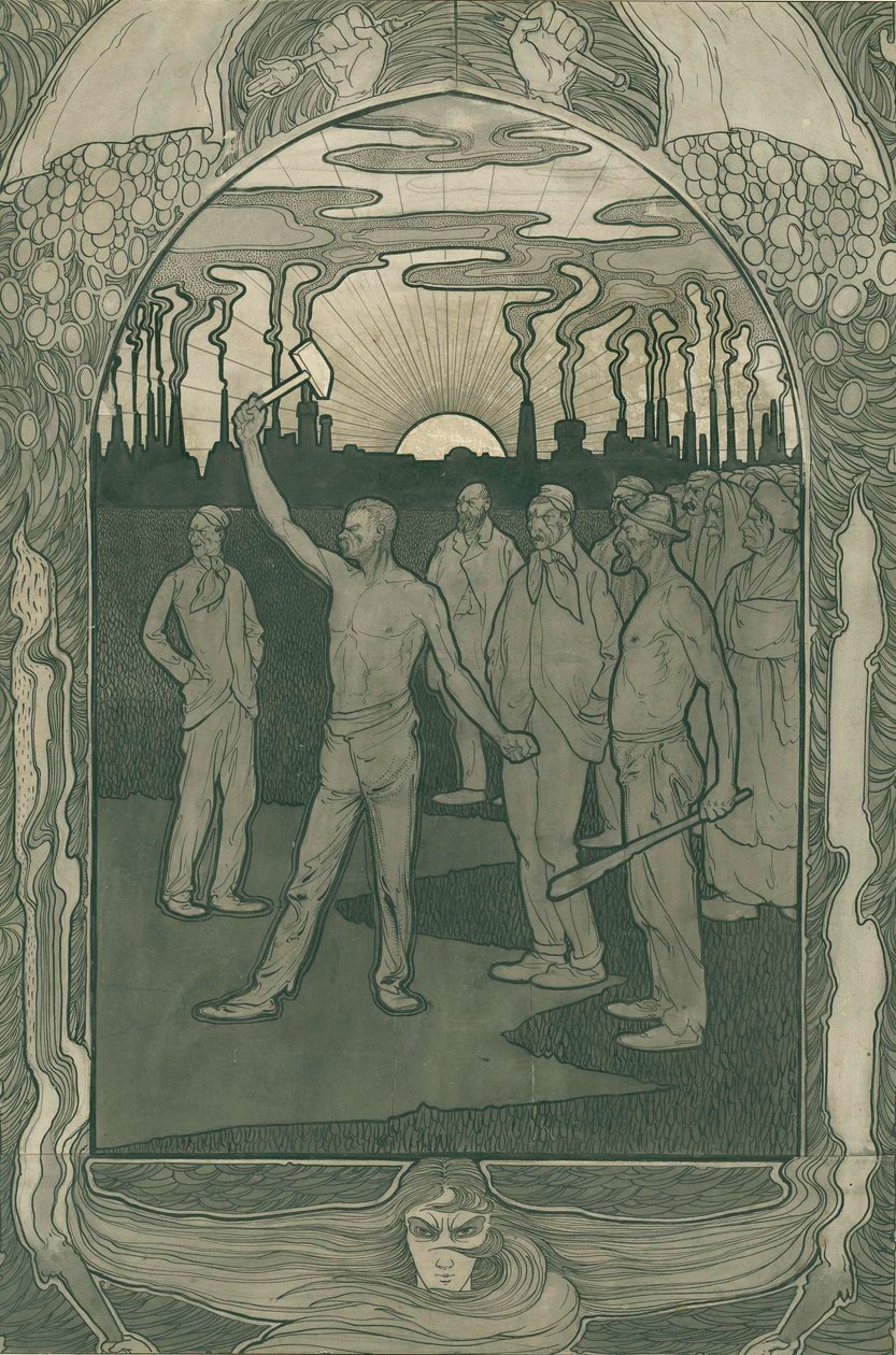 Tehdastyöläiset seisovat vahvasti yhdessä, 1900 (kynä paperille) tekijältä Jan van der Vaardt