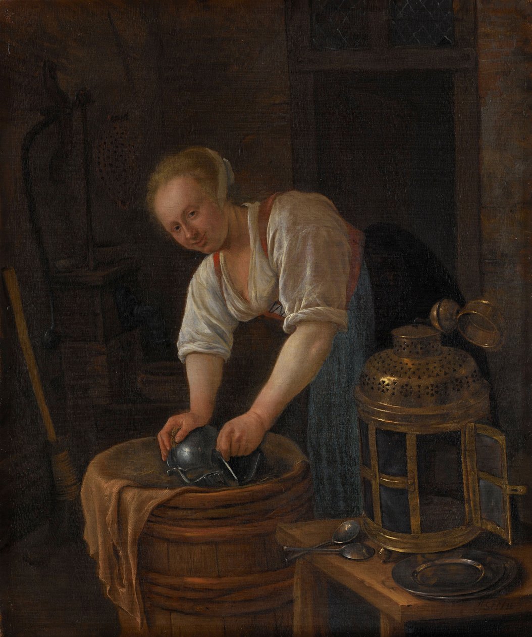 Nainen hankaamassa metalliesineitä, 1650-60 tekijältä Jan Havickszoon Steen