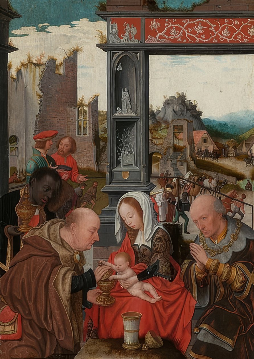 Maagien palvonta. Noin 1520-25 tekijältä Jan Mostaert