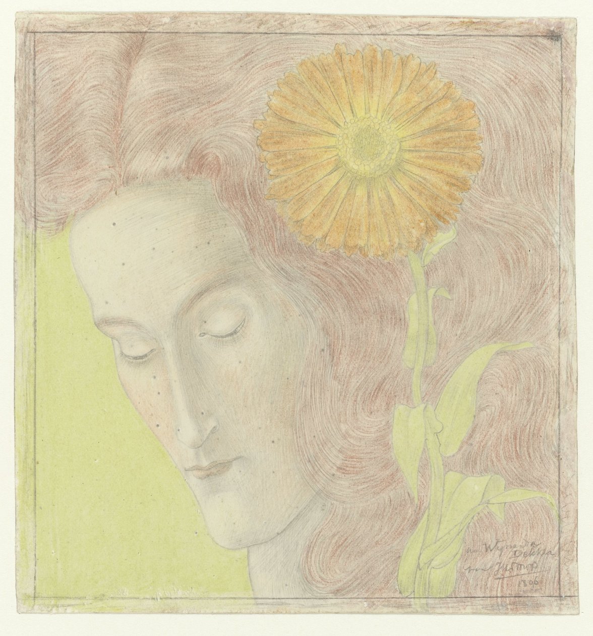 Naisen pää punaisilla hiuksilla ja krysanteemilla tekijältä Jan Toorop