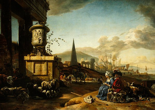 Italian merisatama (öljy paneelille) tekijältä Jan Baptist Weenix
