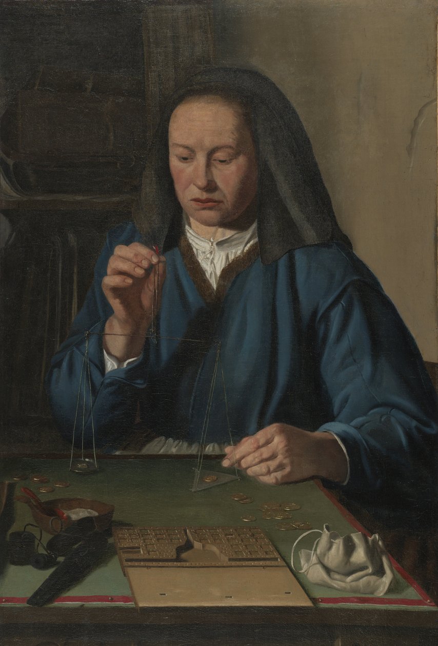 Kultaa painava nainen, n. 1630 tekijältä Jan Woutersz.