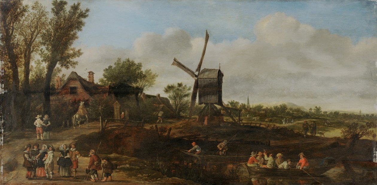Jokimaisema, jossa tuulimylly ja veneitä tekijältä Jan van Goyen