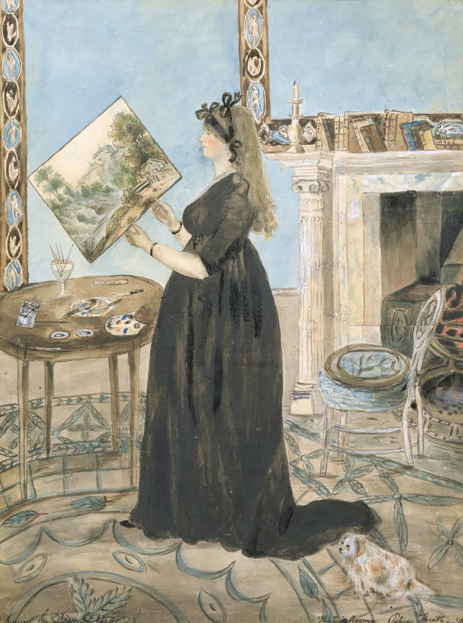 Muotokuva Elizabeth Anne Fordycesta (maalaa akvarellimaisemia) Little Sitting Roomissa Putney Hillissä, 1796 (wc kynällä ja musteella paperille) tekijältä Jane Maxwell Fordyce